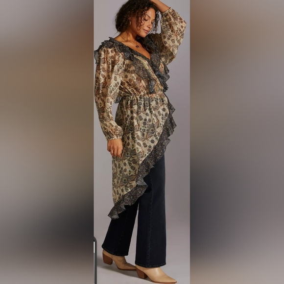 Anthropologie Let Me Be Hi -lo Button Up Ruffle Polyester  Blouse Womens Large - Picture 2 of 11